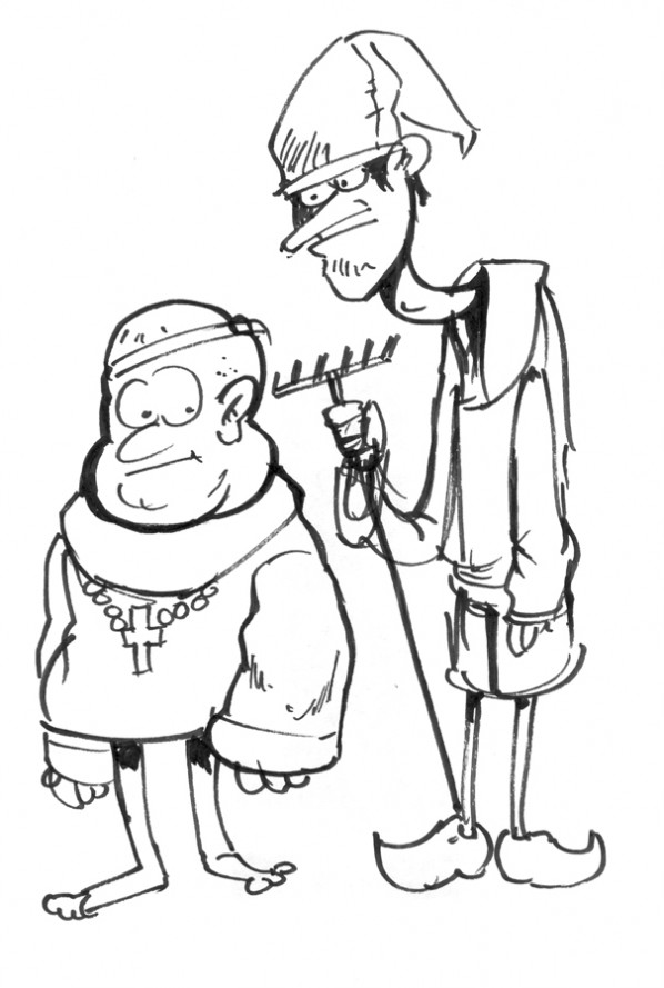 Medieval Monk and Mysterious Figure Cartoon Illustration
