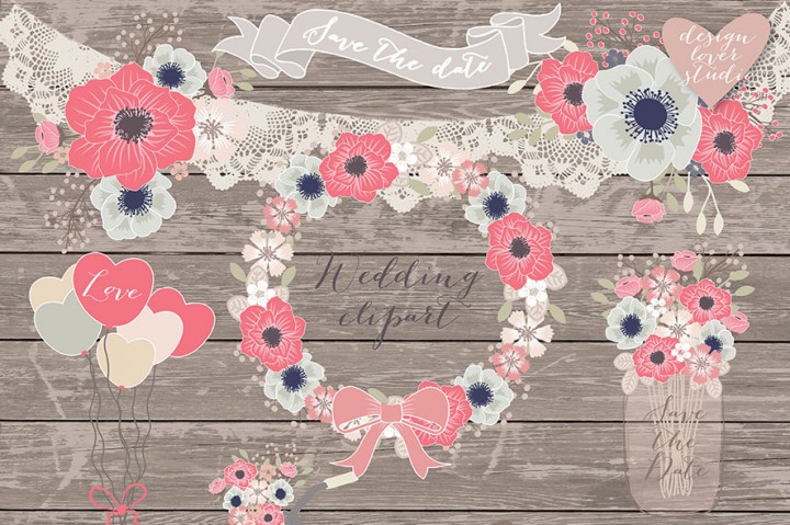 Romantic wedding clipart with floral wreaths, lace banners, heart balloons, and "Save the Date" text on rustic wood background.