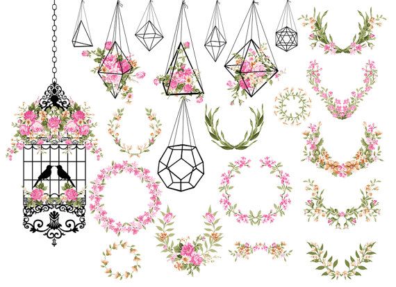 Elegant floral wreaths, geometric hanging planters, and a vintage birdcage with pink roses and black birds.