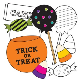 Halloween trick-or-treat bucket with candy props including lollipops, corn candy, and speech bubbles.