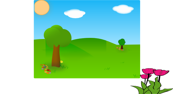Bright cartoon landscape with green hills, two trees, colorful flowers, a sunny sky, and fluffy white clouds.