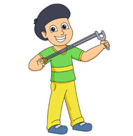 Smiling cartoon boy in green shirt and yellow pants holding a wrench, ready for DIY repair.
