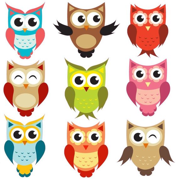Nine colorful cartoon owls in a grid, each with unique colors and expressions, designed for children’s education and decoration.