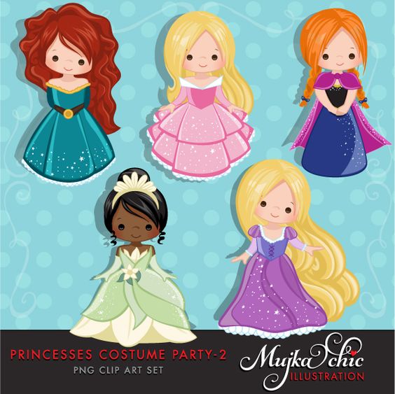 Five diverse cartoon princesses in colorful gowns-teal, pink, purple, green, and blue-posed against a light blue polka-dot background.