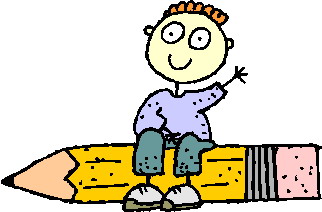 Smiling cartoon boy with orange hair sits atop a giant yellow pencil, waving cheerfully.