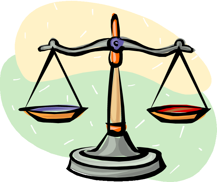 Illustration of a balanced scale with purple and red weights, symbolizing justice and fairness.