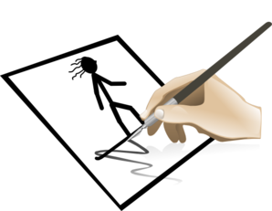 Hand drawing a stick figure with flowing hair on white paper using a pen.