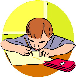 A young child with brown hair writes with a pencil on paper at a desk, with a red notebook nearby.