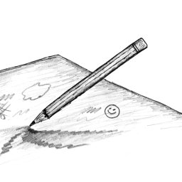 A pencil sketching on paper with doodles including a smiley face and cloud.