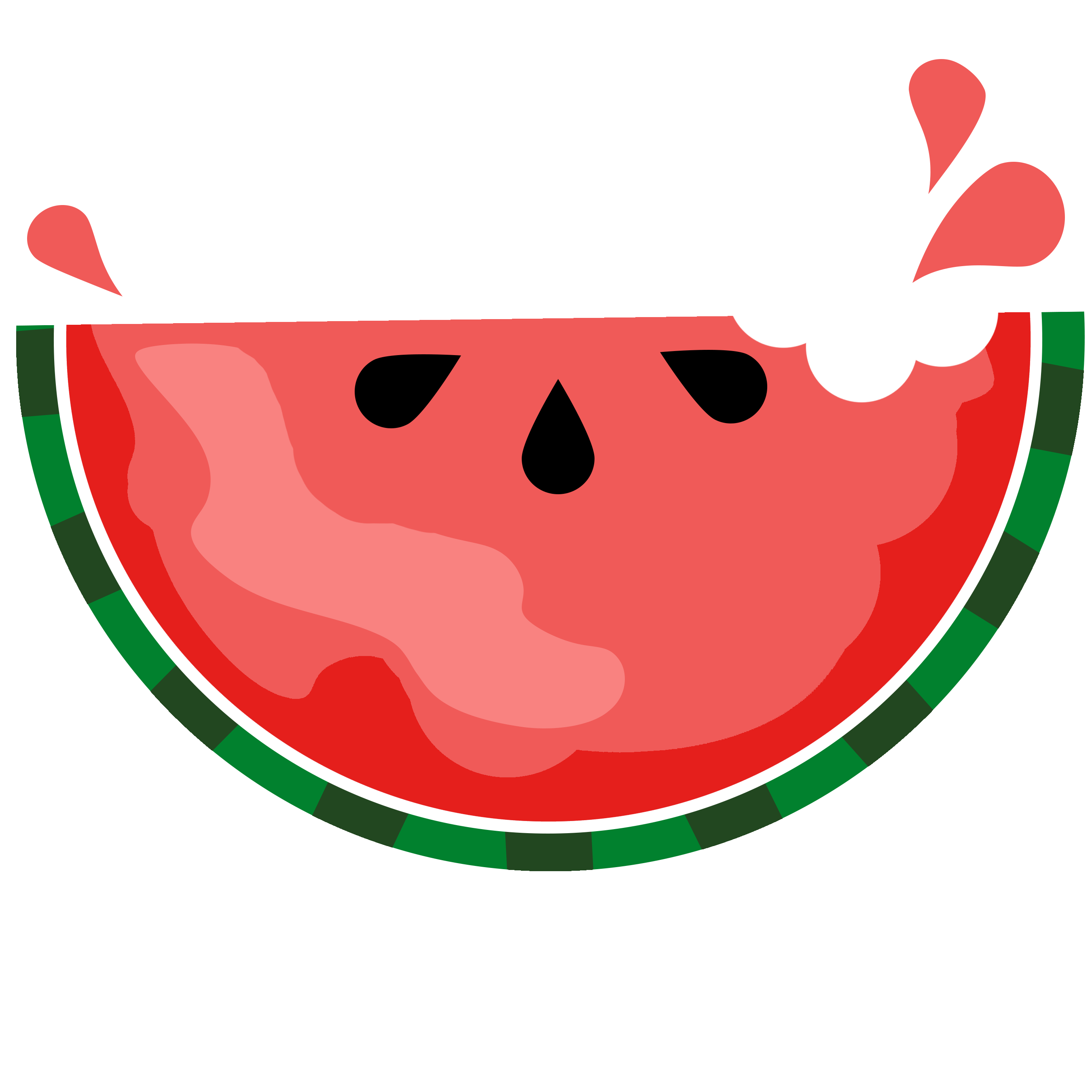 Cheerful cartoon watermelon slice with smiling face, black seeds, and green striped rind on white background.