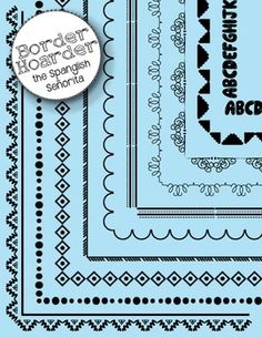 Decorative black-and-white border designs on light blue background, including diamond, scallop, and zigzag patterns with alphabet frame.