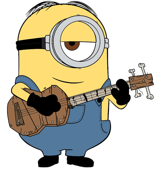 A one-eyed Minion in blue overalls playing a rustic wooden ukulele with bone tuning pegs.