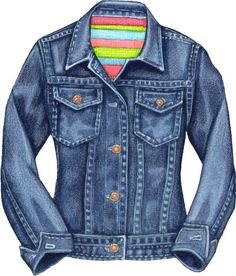 Illustrated classic blue denim jacket with copper buttons, chest pockets, and colorful striped shirt peeking at the collar.