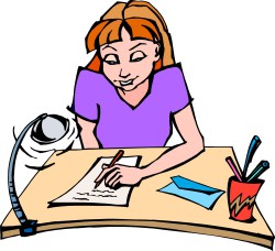 A smiling woman with orange hair writes at a desk under a lamp, surrounded by papers and a cup of pens.