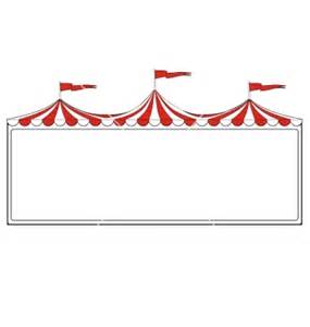 Red-and-white striped carnival tent banner with three flags, blank sign area below.