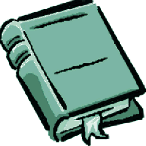 Green hardcover book with bookmark, cartoon-style illustration