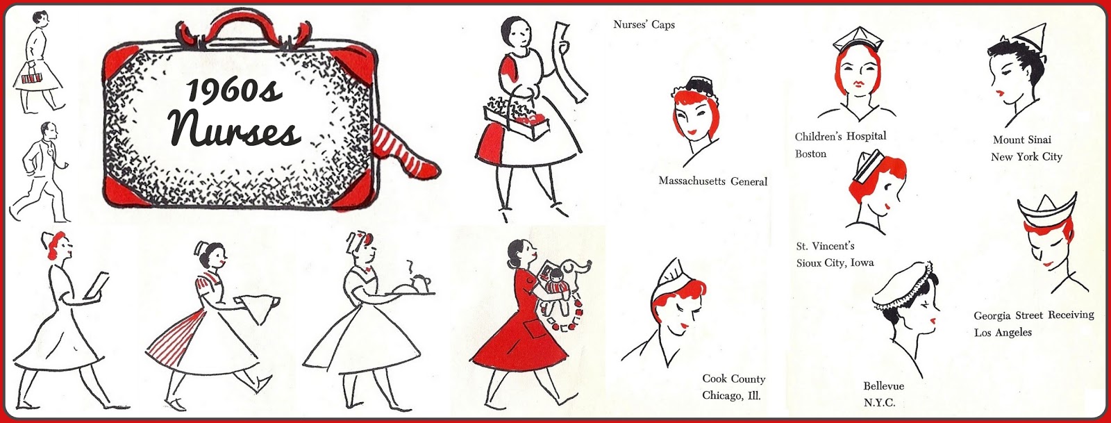Vintage 1960s nurse illustrations showing uniforms, caps, and hospital affiliations including Massachusetts General, Cook County, and Bellevue.