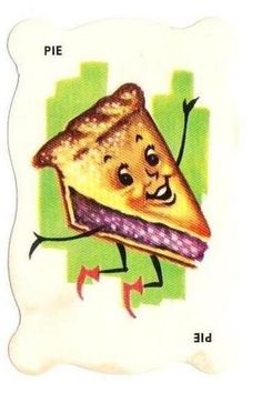 A cheerful cartoon slice of pie with a smiling face, arms, and legs, set against a green striped background.