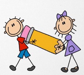 Two smiling stick-figure children-a boy in red and a girl in purple-jointly holding a giant yellow pencil.