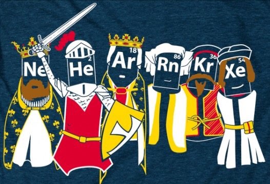 Six medieval knights and royalty with periodic table element symbols (Ne, He, Ar, Rn, Kr, Xe) on their faces, representing noble gases.