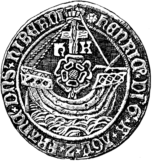 Historical medieval seal of Henry VI, featuring a rose, cross, and heraldic symbols within a circular Latin inscription.