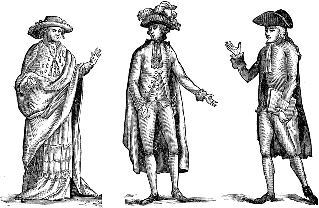 Three men in 18th-century European attire engaged in animated discussion, wearing tricorn hats, waistcoats, and flowing garments.