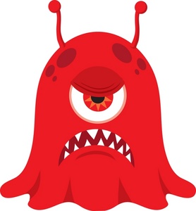 Red cartoon monster with one large eye, sharp teeth, and two antennae, expressing anger.