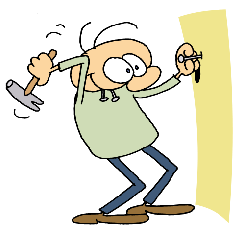 Cartoon man hammering a nail into a wall with exaggerated effort and wide eyes.