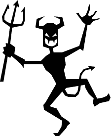 Black silhouette of a cartoonish devil with horns, trident, and tail, dancing playfully on white background.