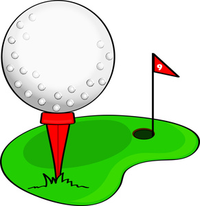 A white golf ball on a red tee beside a green putting surface with a hole and a red flag marked "9".