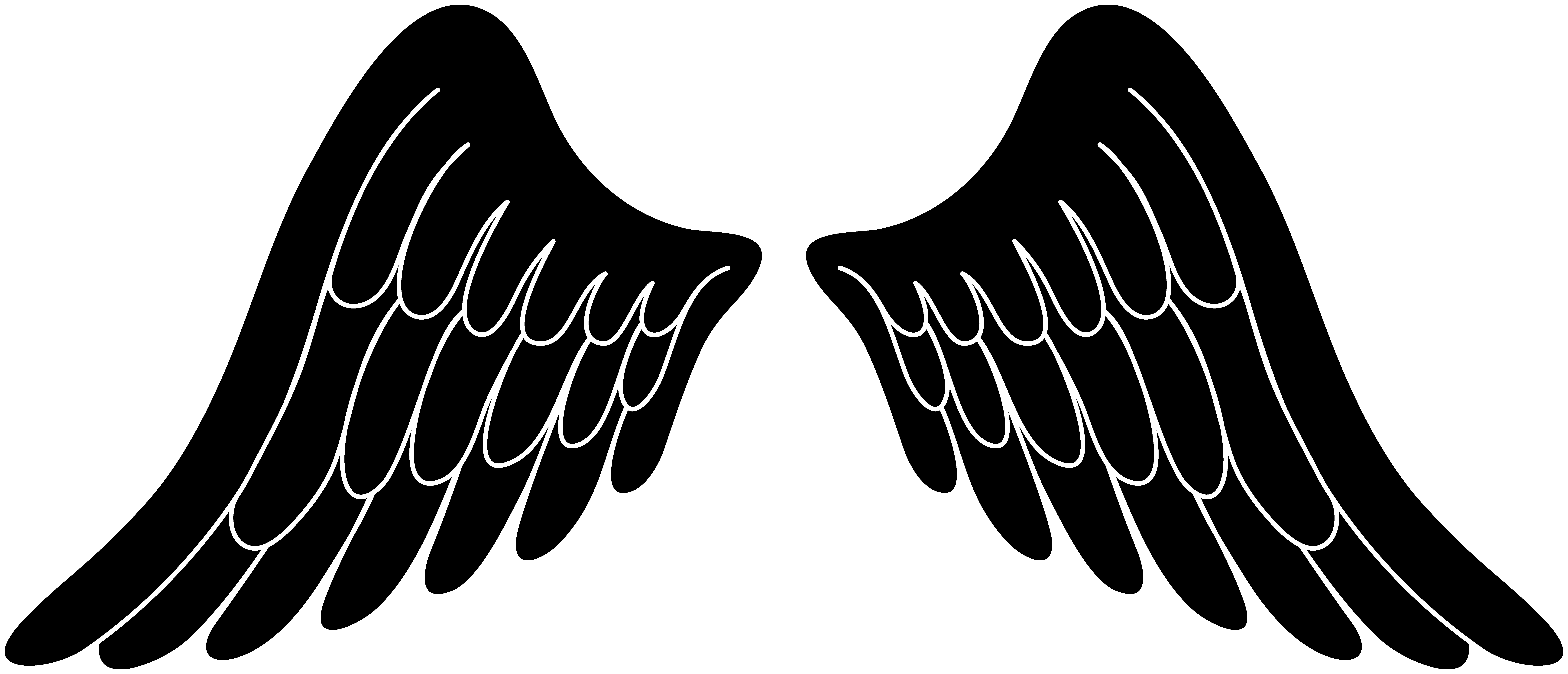 Black silhouette of symmetrical angel wings with white feather outlines on transparent background.