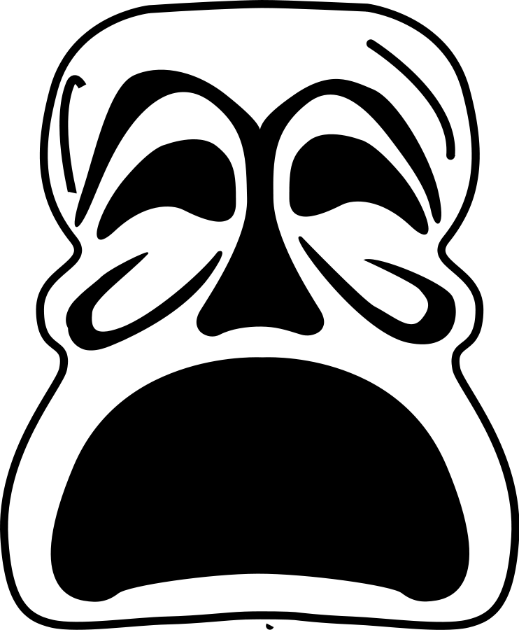 Black-and-white stylized crying face with exaggerated teardrops and open mouth, evoking intense sorrow or grief.