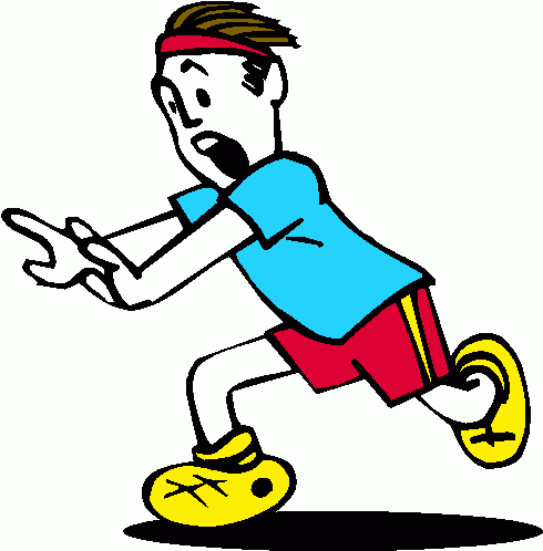 Cartoon runner in blue shirt and red shorts sprinting with yellow shoes and headband.