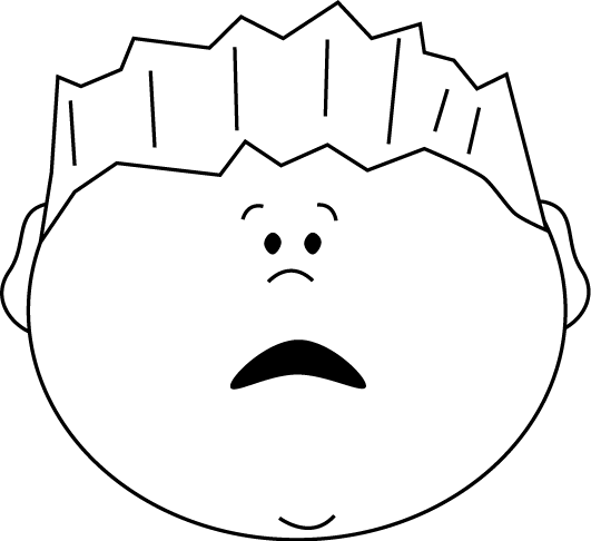 Black-and-white cartoon face with spiky hair, wide eyes, and a worried frown, expressing concern or confusion.