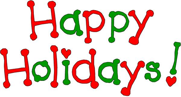 Festive "Happy Holidays!" text in red and green with heart accents on white background.