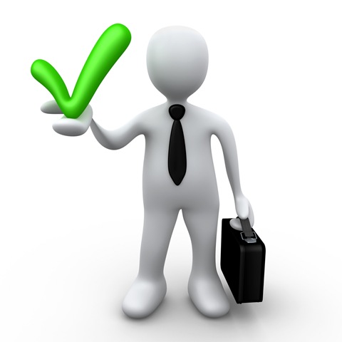 White 3D businessman holding a green checkmark and black briefcase on white background.