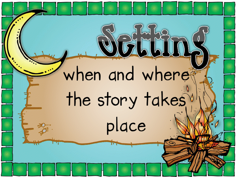 Illustrated educational graphic defining "Setting" as when and where a story takes place, with moon, campfire, and parchment.