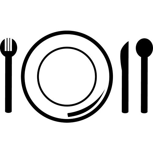 Minimalist black-and-white icon of a dinner plate with fork, knife, and spoon arranged symmetrically.