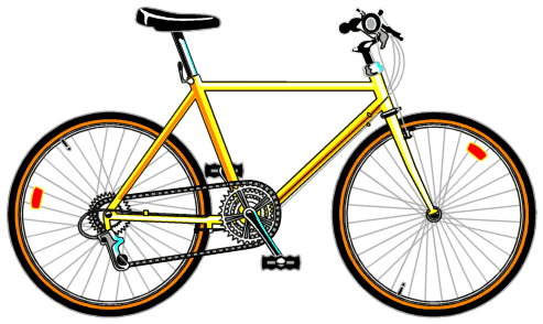Bright yellow city bicycle with orange-rimmed wheels, rear rack, and reflectors, shown in side profile on white background.