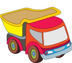 Brightly colored cartoon dump truck toy with yellow bed, red cab, and multicolored wheels.