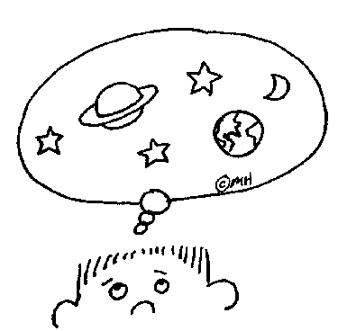 A child with a thoughtful expression imagines planets, stars, Earth, and the moon inside a thought bubble.