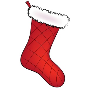 Red Christmas stocking with white fur trim and quilted diamond pattern, hanging against white background.
