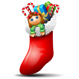 A festive red Christmas stocking filled with colorful gifts and a smiling cartoon girl peeking out, decorated with candy canes.