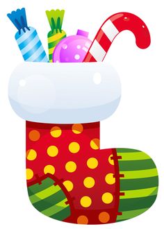 A festive red Christmas stocking with yellow polka dots and green stripes, filled with colorful candies including a candy cane and wrapped sweets.