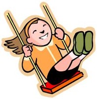 Happy cartoon girl smiling while swinging on a wooden swing with green shoes and orange shirt.