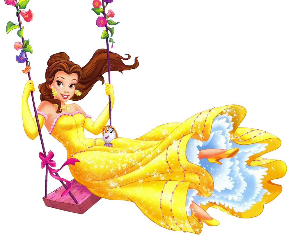 Belle in her iconic yellow ballgown joyfully swinging with Chip the teacup, surrounded by floral vines and sparkling details.