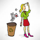 A woman in green blouse and red skirt tossing paper waste into a recycling bin with recycling symbol.