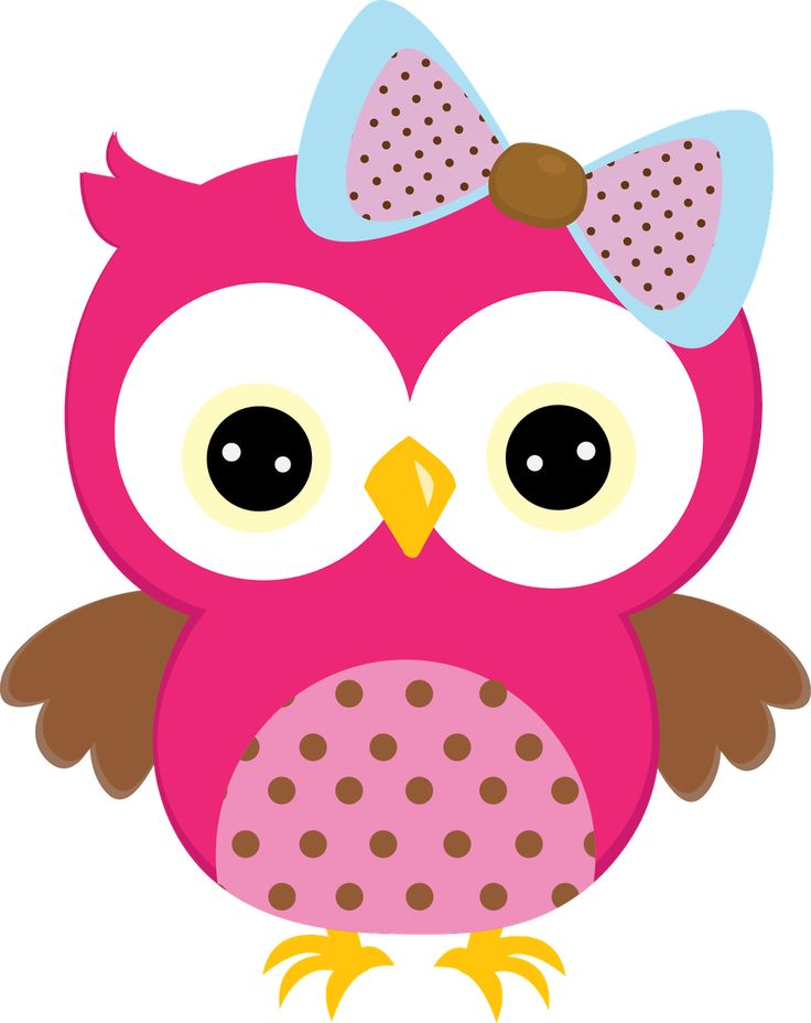 Cute pink cartoon owl with polka-dot bow and big eyes, designed for children's content.