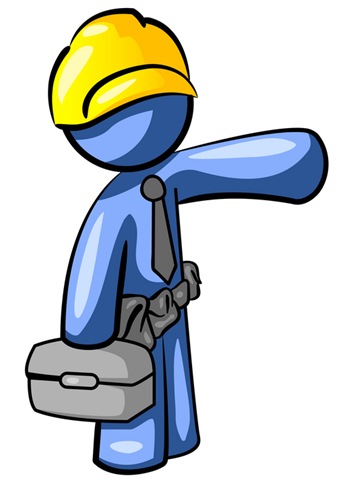 Blue cartoon construction worker in yellow hard hat pointing forward, holding toolbox and wearing tool belt.