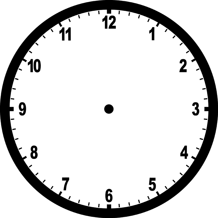 Minimalist black-and-white analog clock face with bold numerals and tick marks, no hands or branding.